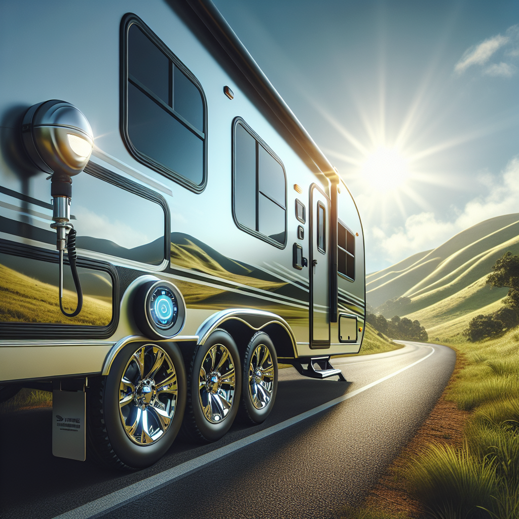 A travel trailer on a scenic road, surrounded by hills and trees, showcasing the importance of TPMS.