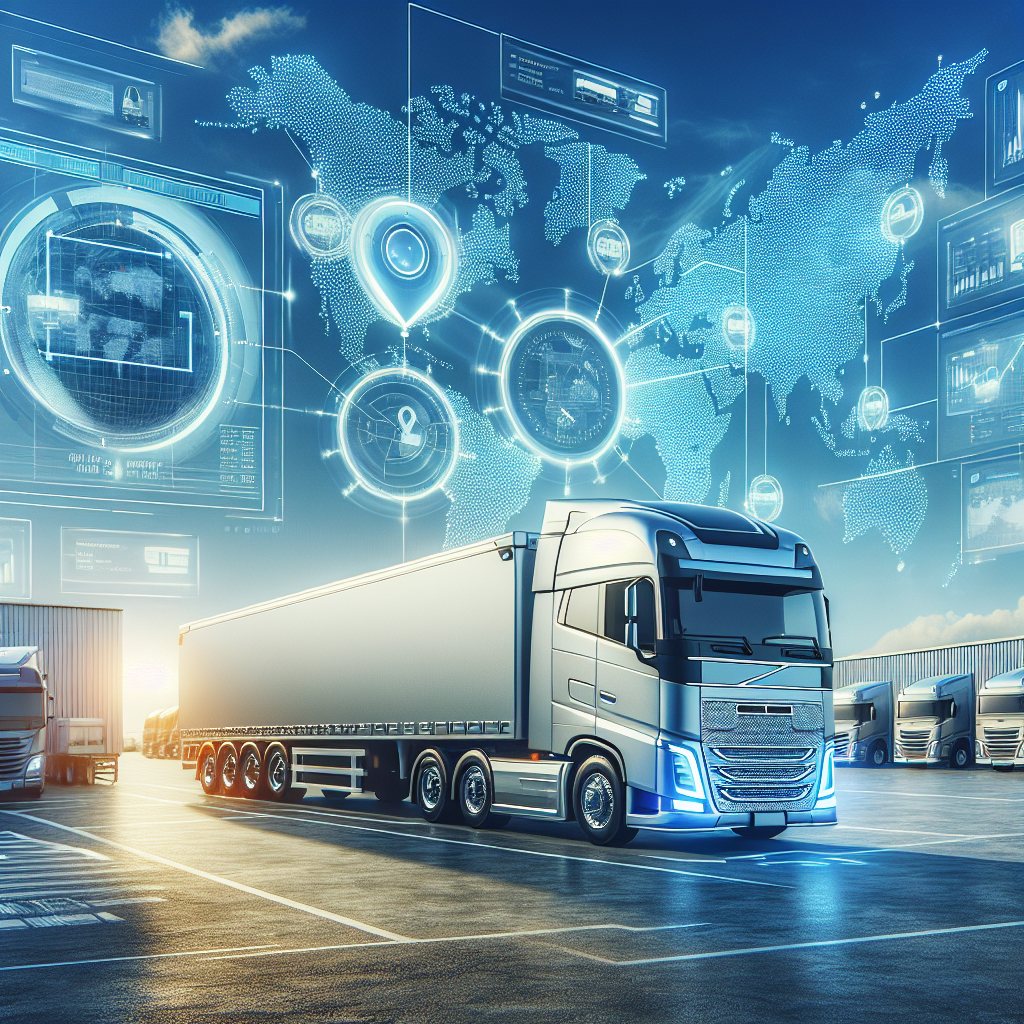 A modern cargo trailer in a logistics yard with GPS tracking devices.