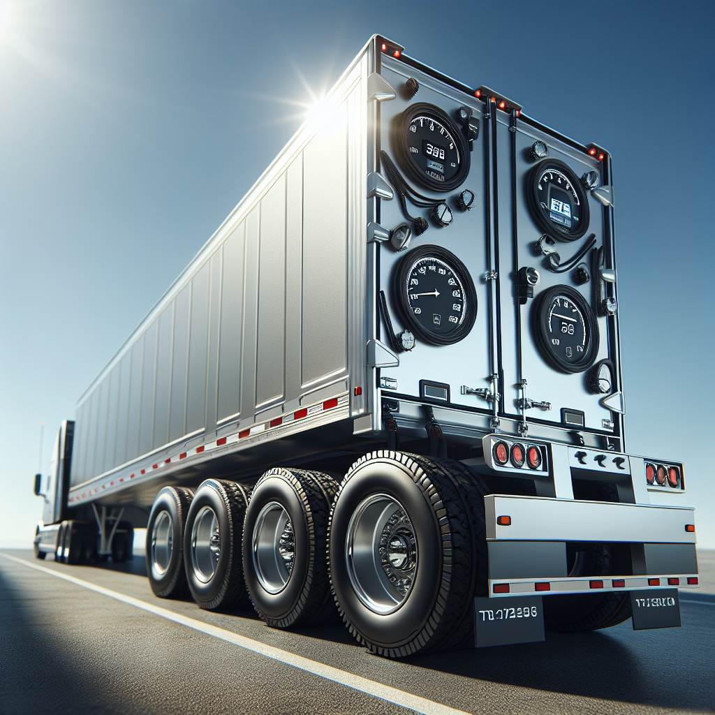 A commercial trailer equipped with a Tire Pressure Monitoring System on an open road.