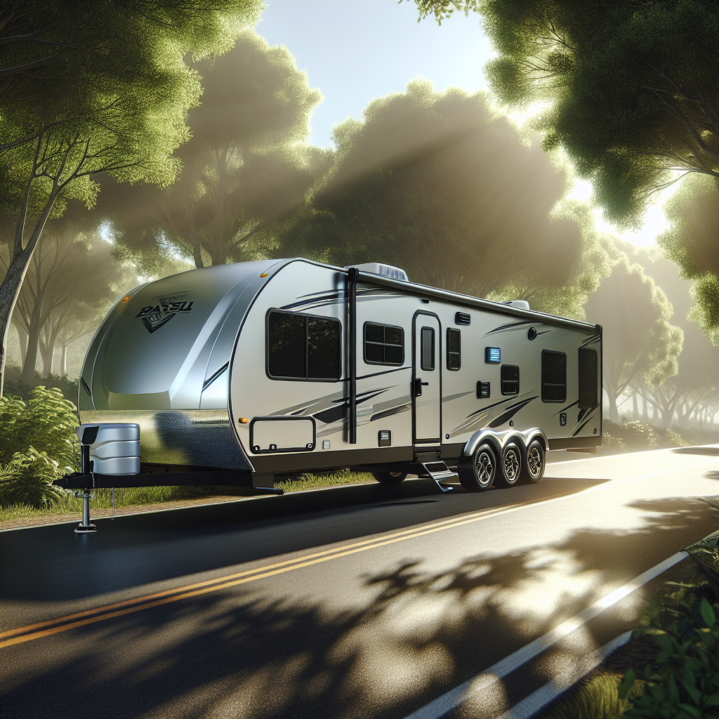 A travel trailer parked on a roadside with visible tire pressure monitoring systems.