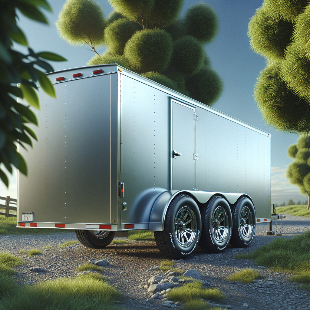 A trailer with prominently displayed tires in a green landscape with a clear sky.
