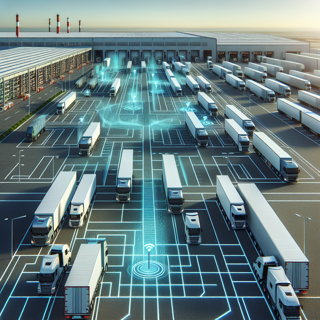 Modern logistics center with trailers showcasing GPS tracking technology.