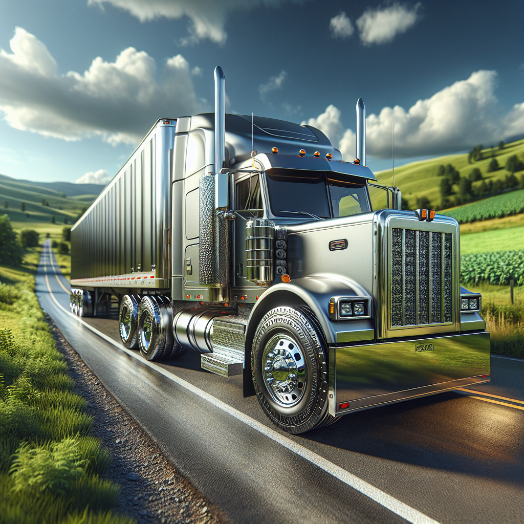 A large commercial trailer on a rural road with detailed tires, surrounded by fields and mountains.