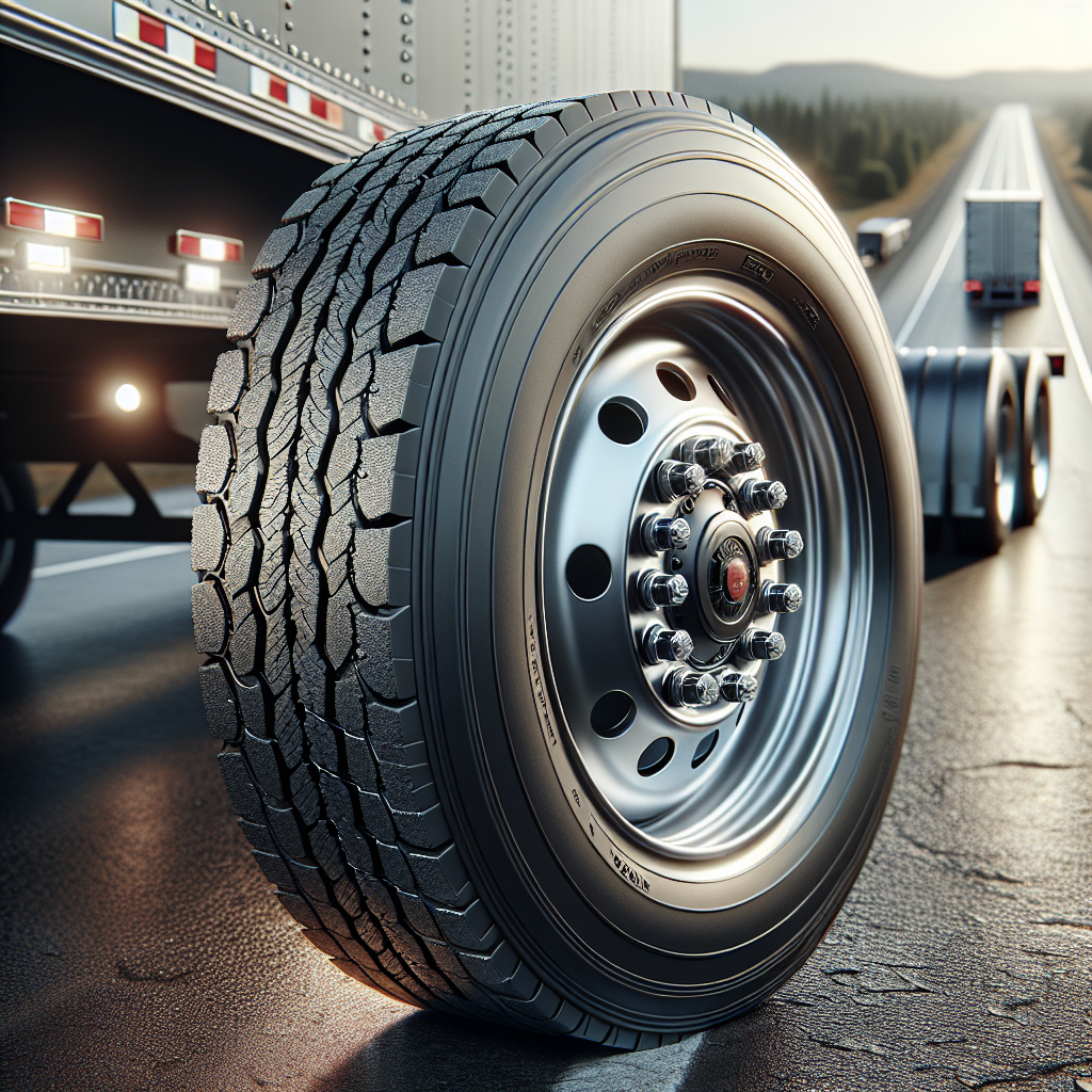 Close-up of a trailer tire on an asphalt road.