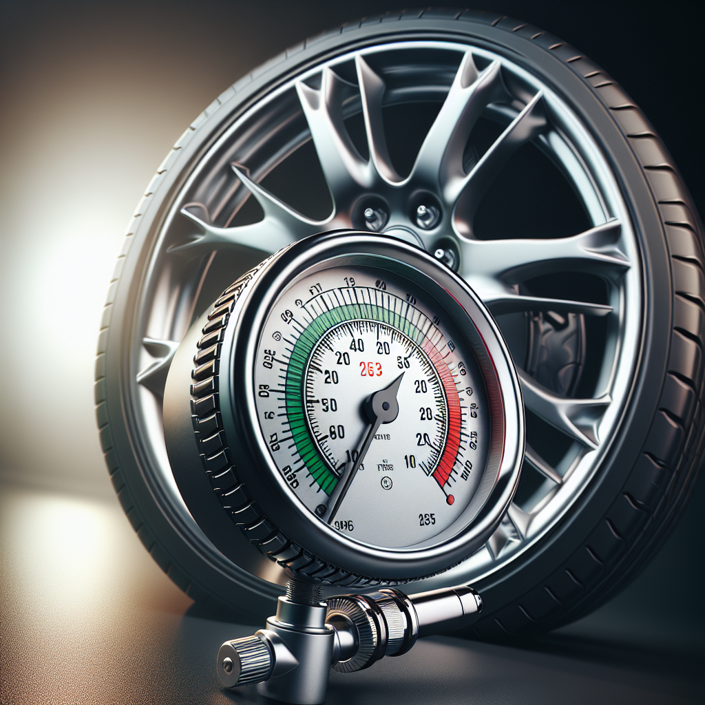 A tire pressure monitoring system sensor and gauge alongside a silver alloy wheel with a properly inflated tire.