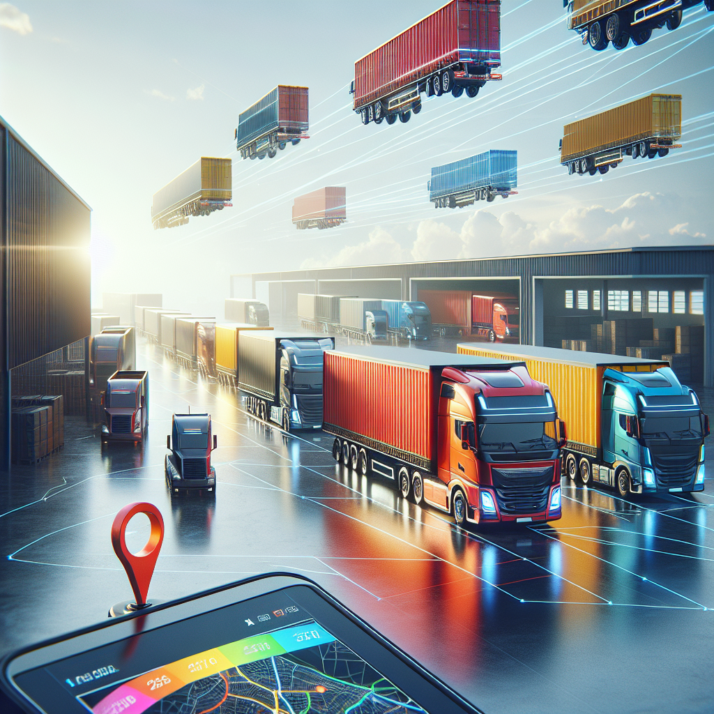 A logistics scene with various colorful trailers and a GPS tracking device.