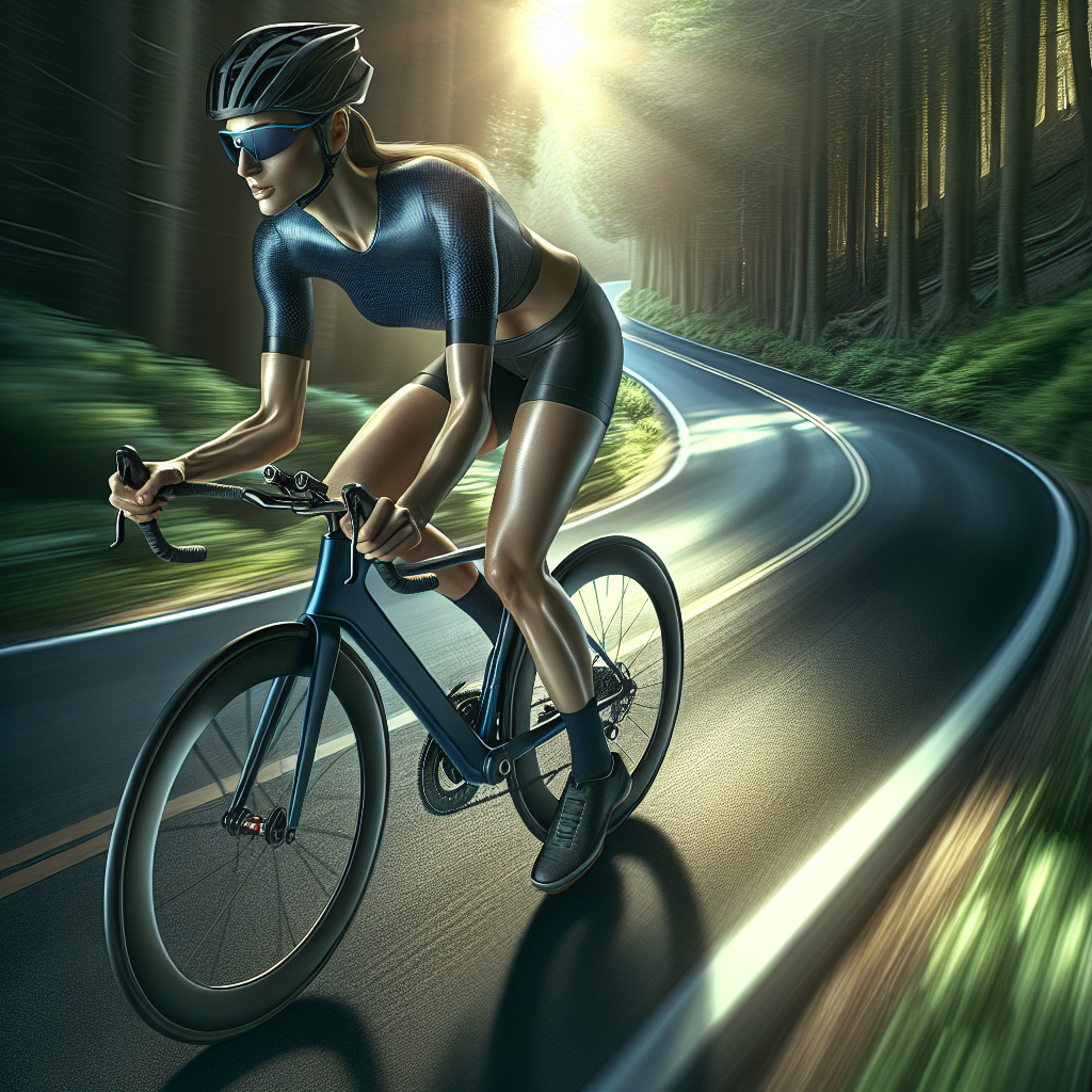 A cyclist riding a bike with a TPMS system through a scenic landscape.