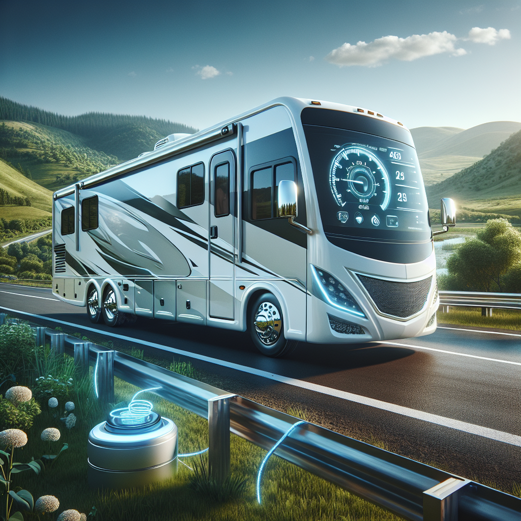 An RV parked on a highway with a tire pressure monitoring system display visible, surrounded by scenic hills and greenery.