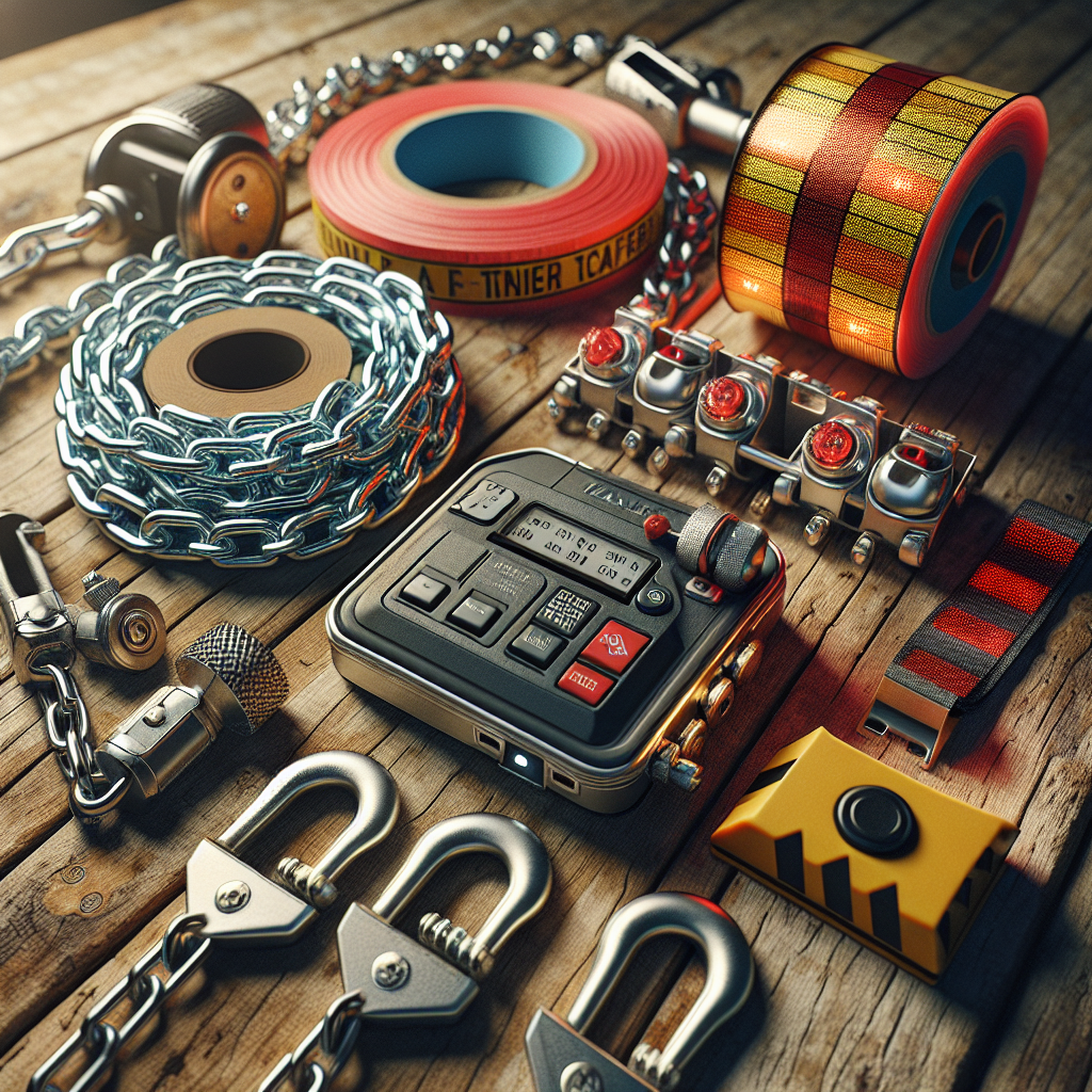 Essential trailer safety gear including safety chains, brake controller, reflective tape, and wheel chocks on a wooden table.
