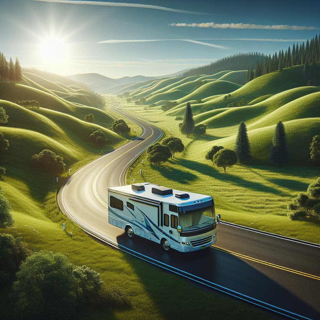 An RV parked on a scenic road with green hills and a blue sky.