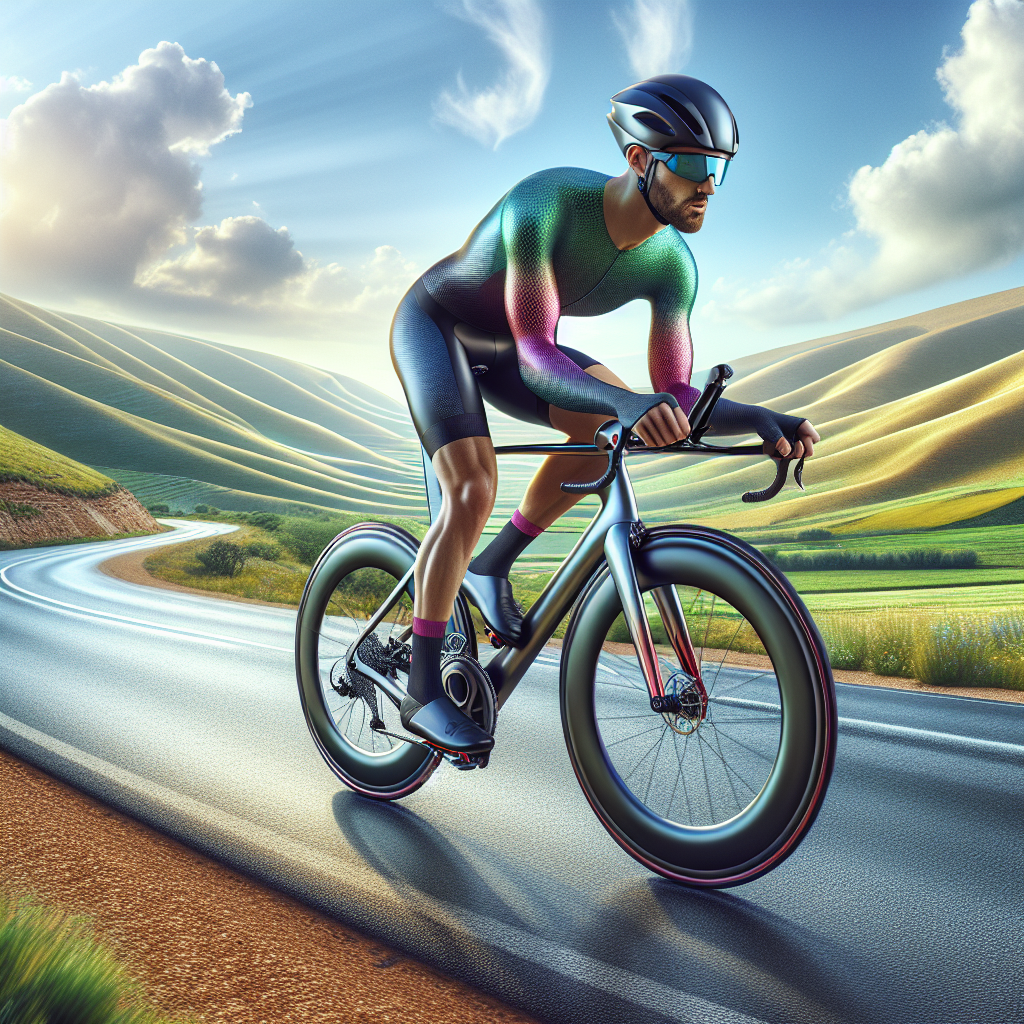 A cyclist on a high-performance bike riding on a scenic road with hills and blue skies.