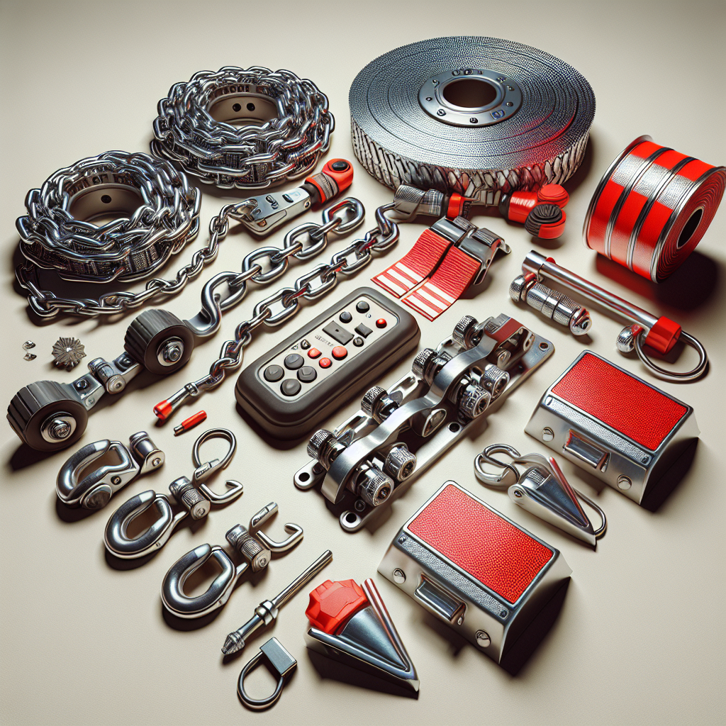 Essential trailer safety gear including safety chains, brake controllers, reflective tape, and wheel chocks arranged for display.