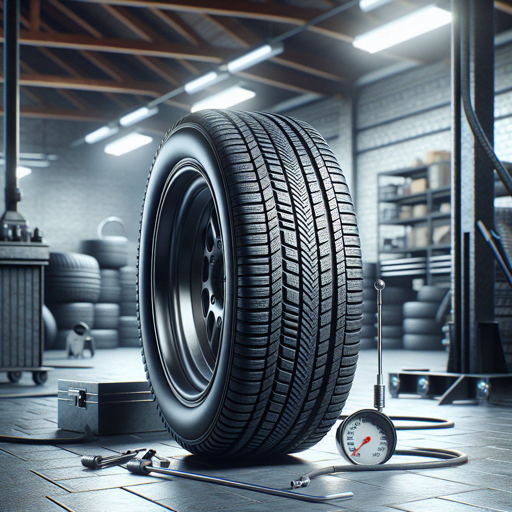 A car tire on a workshop floor with tools like a pressure gauge and air compressor.