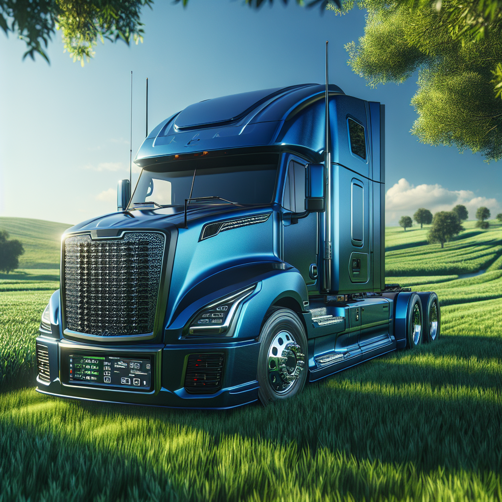 A modern truck with a tire pressure monitoring system display in a green landscape.