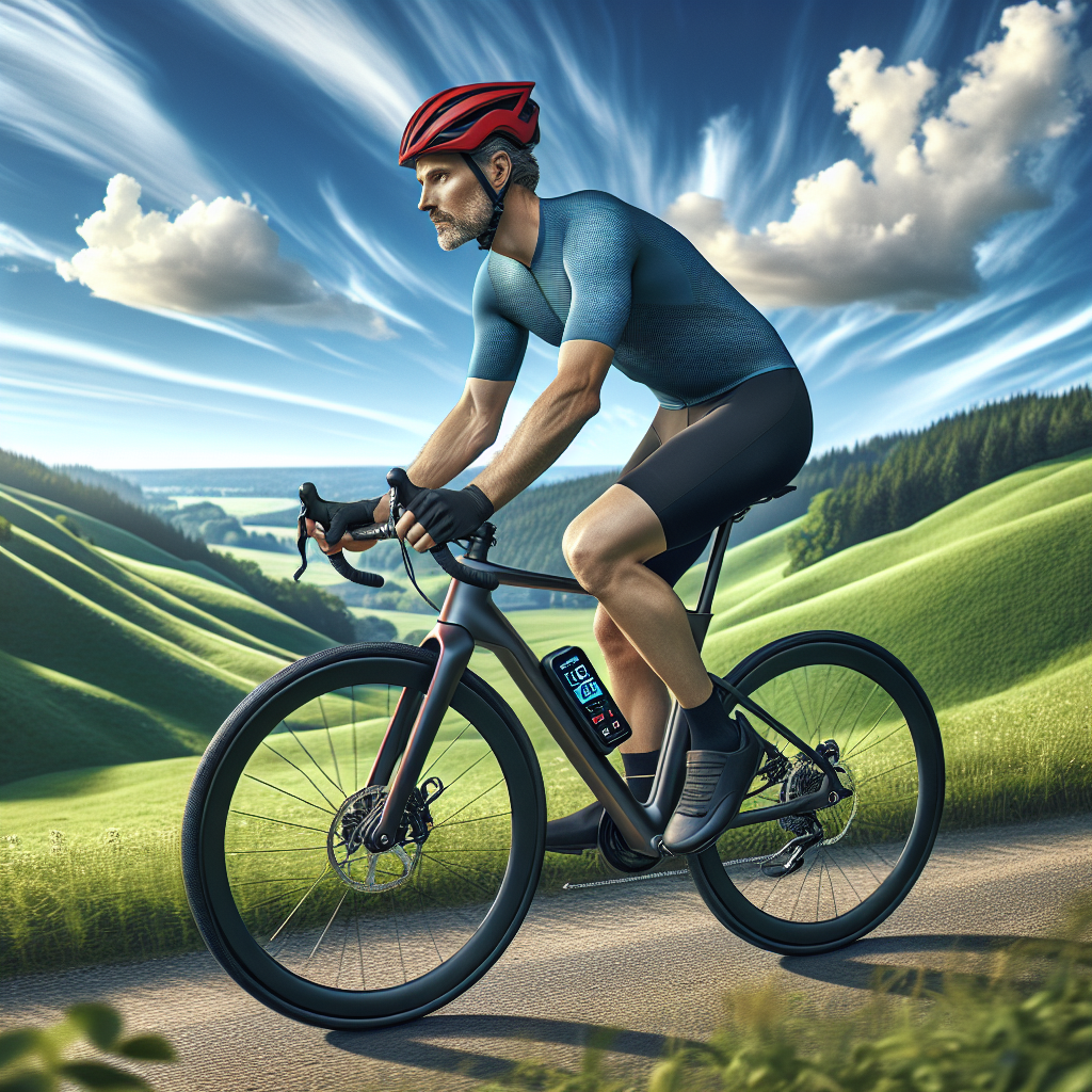 A cyclist riding a modern bike with a TPMS display against a scenic landscape.