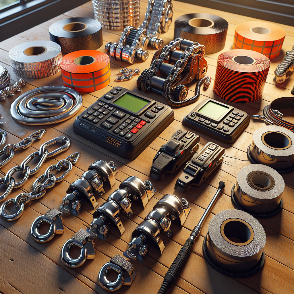 An assortment of trailer safety gear including safety chains, brake controllers, reflective tape, and wheel chocks.