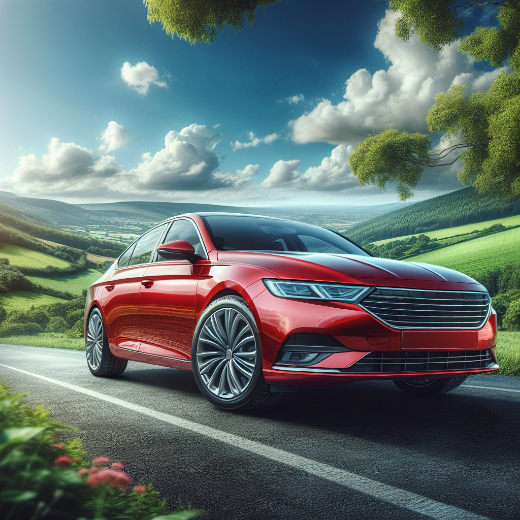 A red sedan parked on a picturesque road with green hills and a blue sky.
