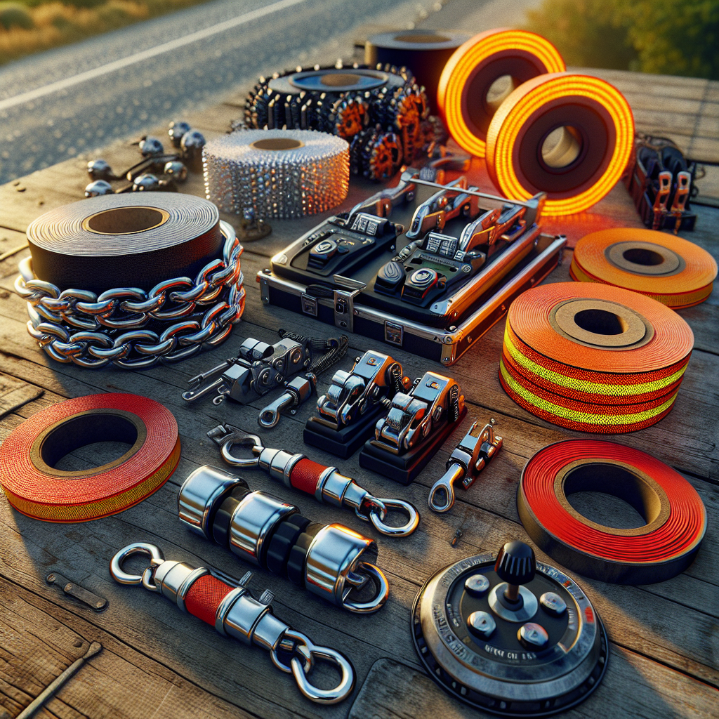 An arrangement of trailer safety gear on a wooden table, including chains, brake controllers, reflective tape, and wheel chocks.