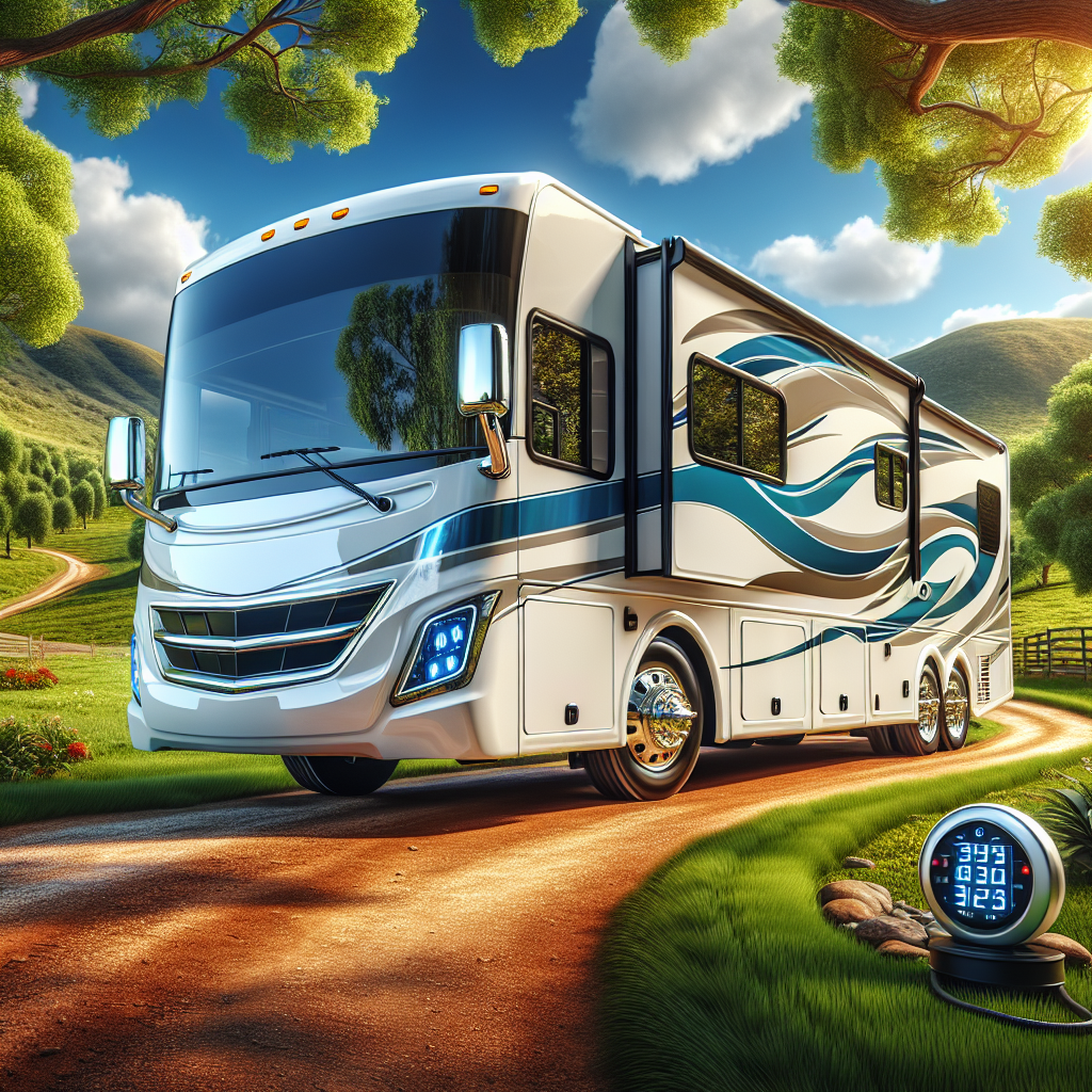 An RV with a tire pressure monitoring system in a scenic landscape.