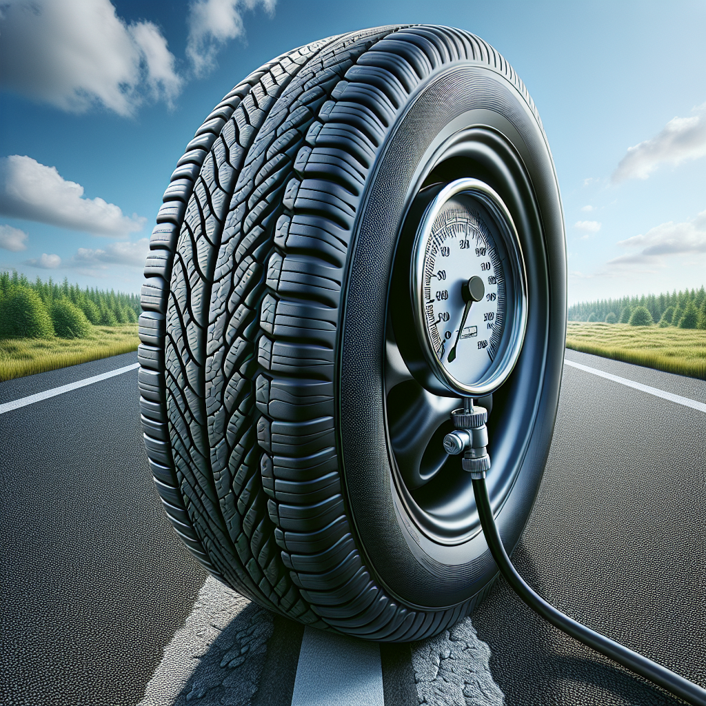 A tire pressure gauge on a vehicle tire, with a bright outdoor background.