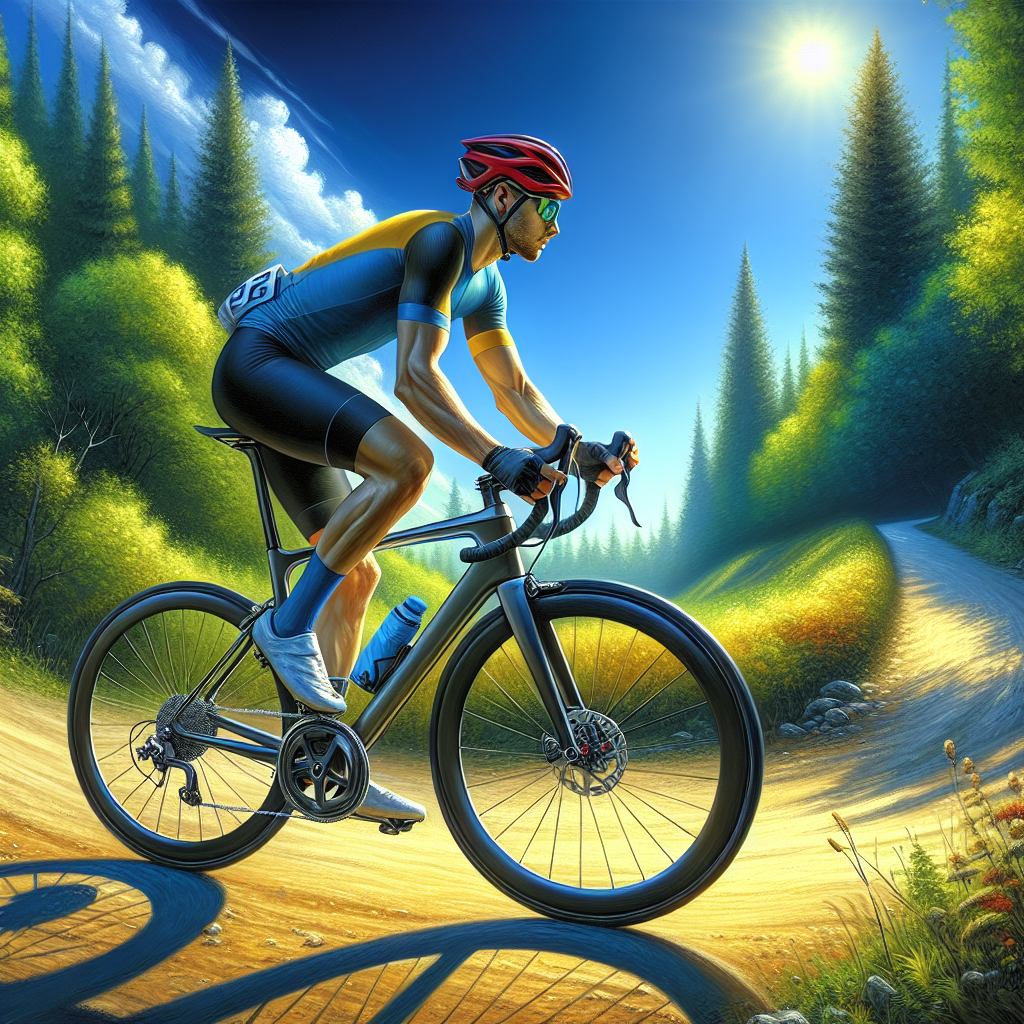 A cyclist riding a bike with a Tire Pressure Monitoring System on a scenic trail.