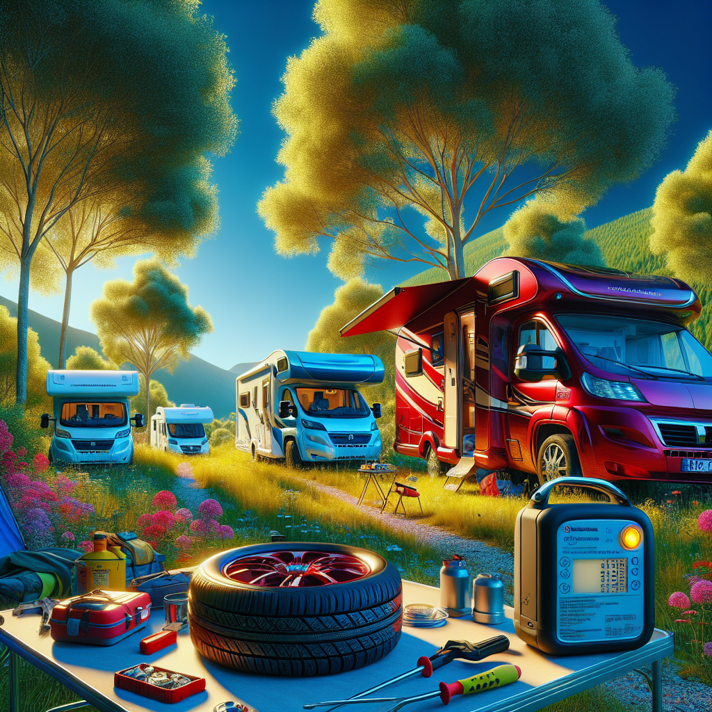 A serene RV camp setting with colorful RVs, displaying a TPMS device amidst nature.