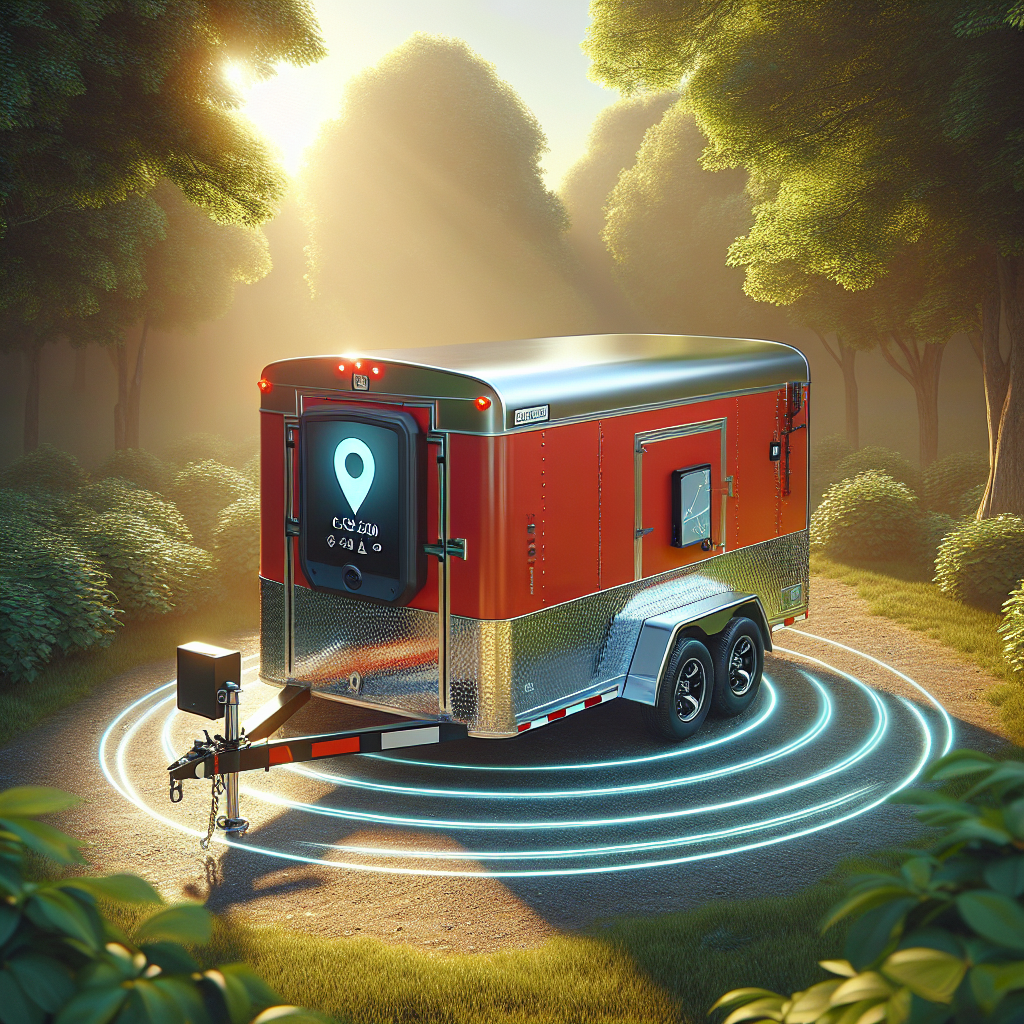 A vibrant red utility trailer with a GPS device parked in a scenic green area.