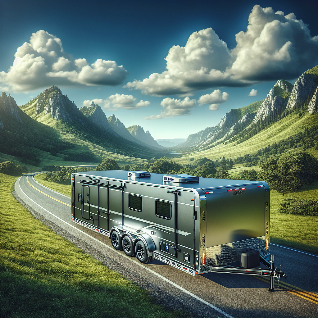 A trailer equipped with safety devices parked on a scenic road.