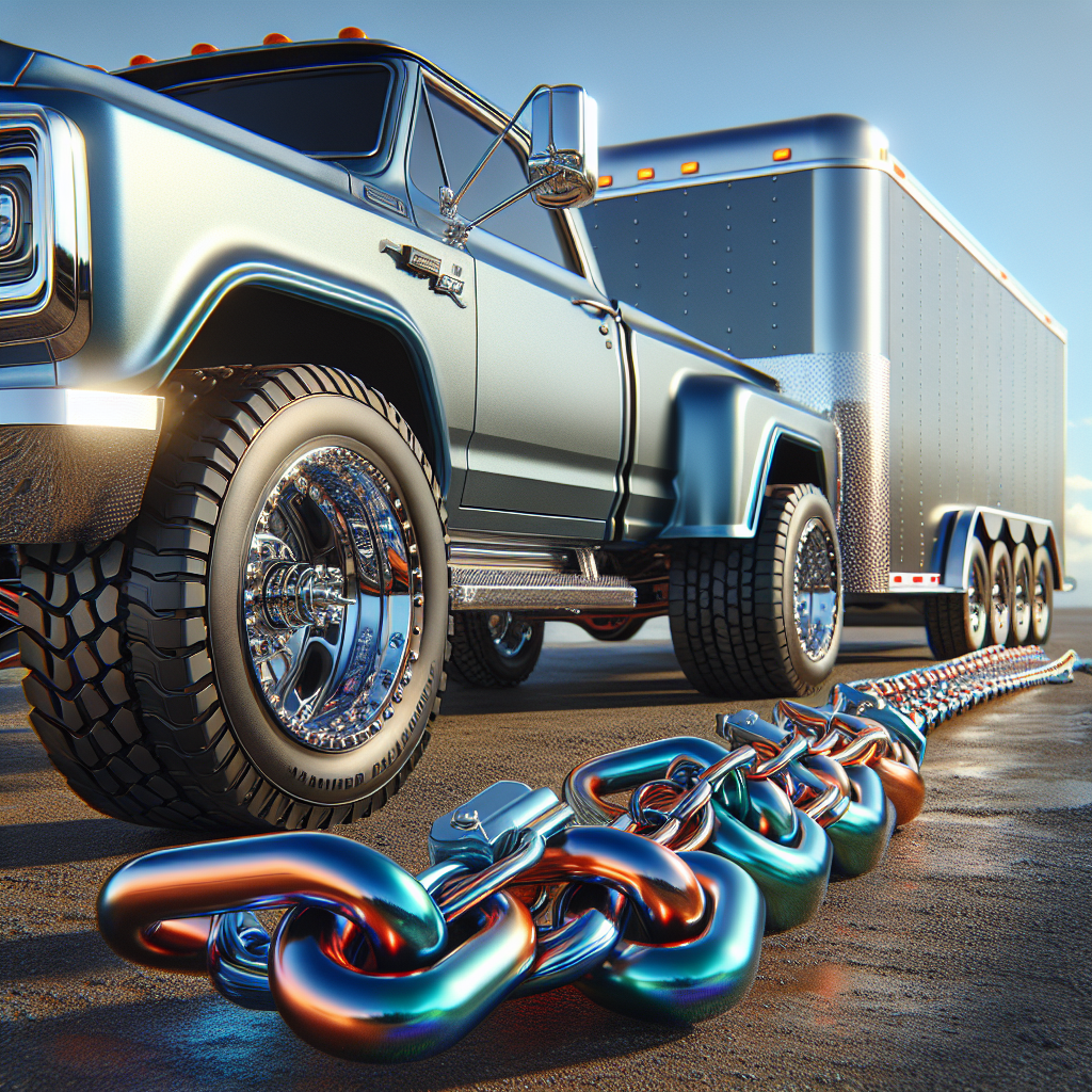 A close-up view of a tow vehicle connected to a trailer with shiny safety chains.