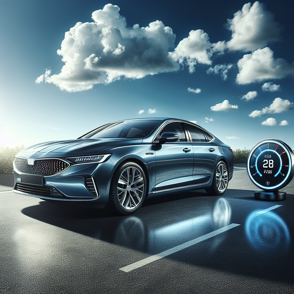 A modern car with a tire pressure monitoring system displayed on the dashboard, under a clear blue sky.