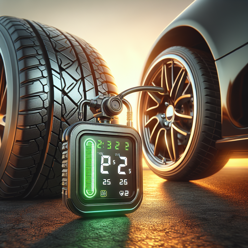 A digital tire pressure monitor displaying readings next to a black tire.