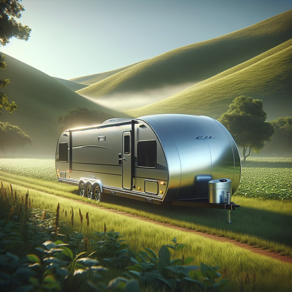 A silver trailer in a lush green landscape with a GPS device suggested in the scene.
