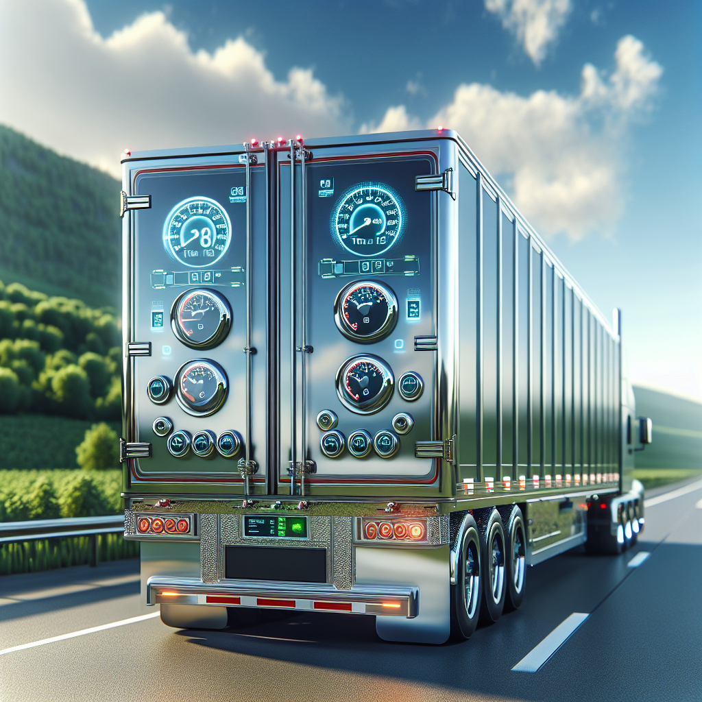 A trailer with a tire pressure monitoring system parked on a highway, surrounded by green fields.