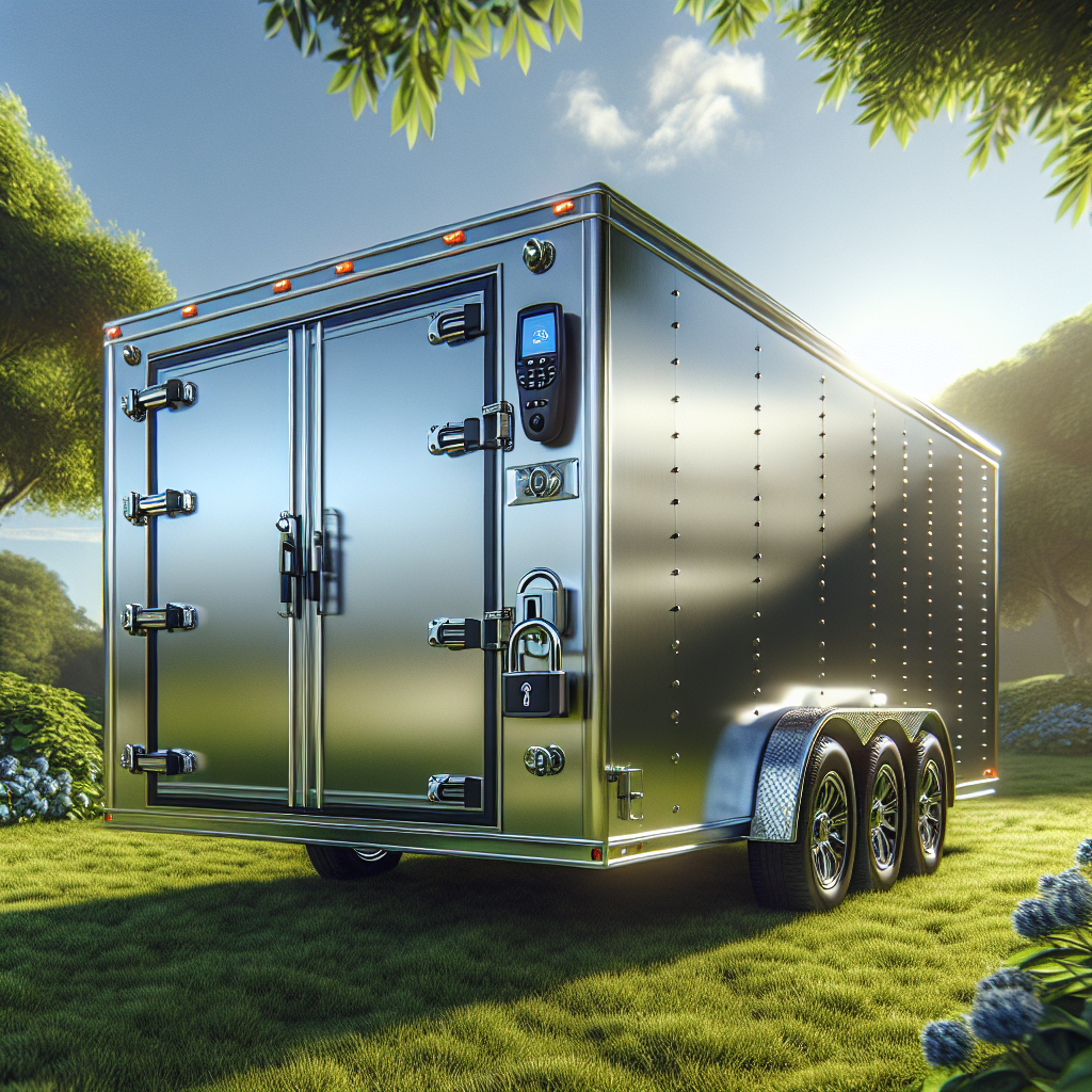 A secured silver trailer in an outdoor landscape with a GPS device visible.