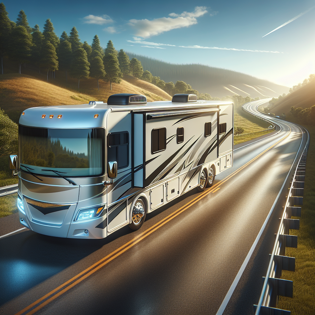 An RV trailer on a scenic highway with a picturesque landscape in the background.