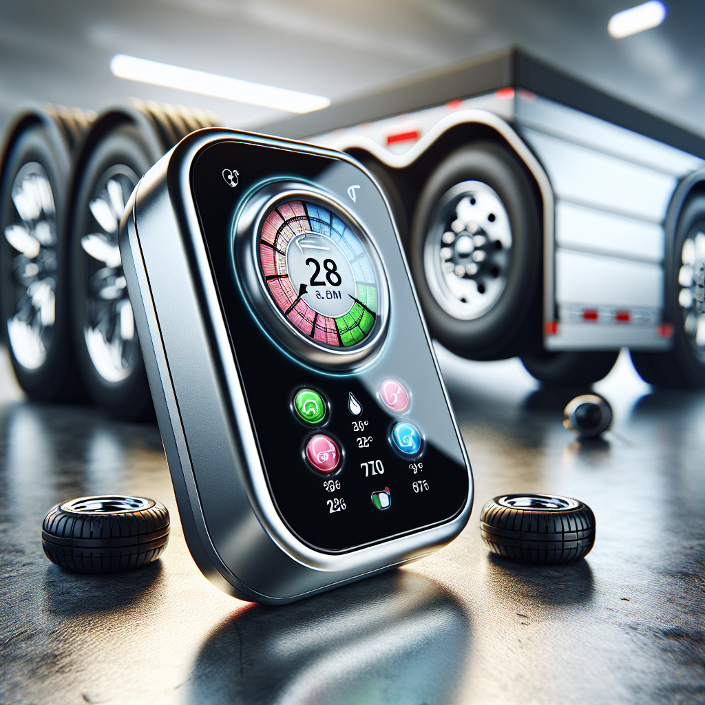 A Tymate TPMS tire pressure monitor displayed next to a trailer, emphasizing tire health.