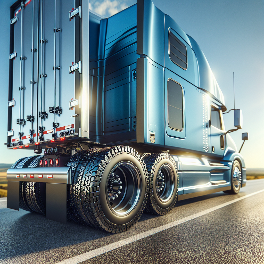 A semi trailer on a highway featuring a Tire Pressure Monitoring System.