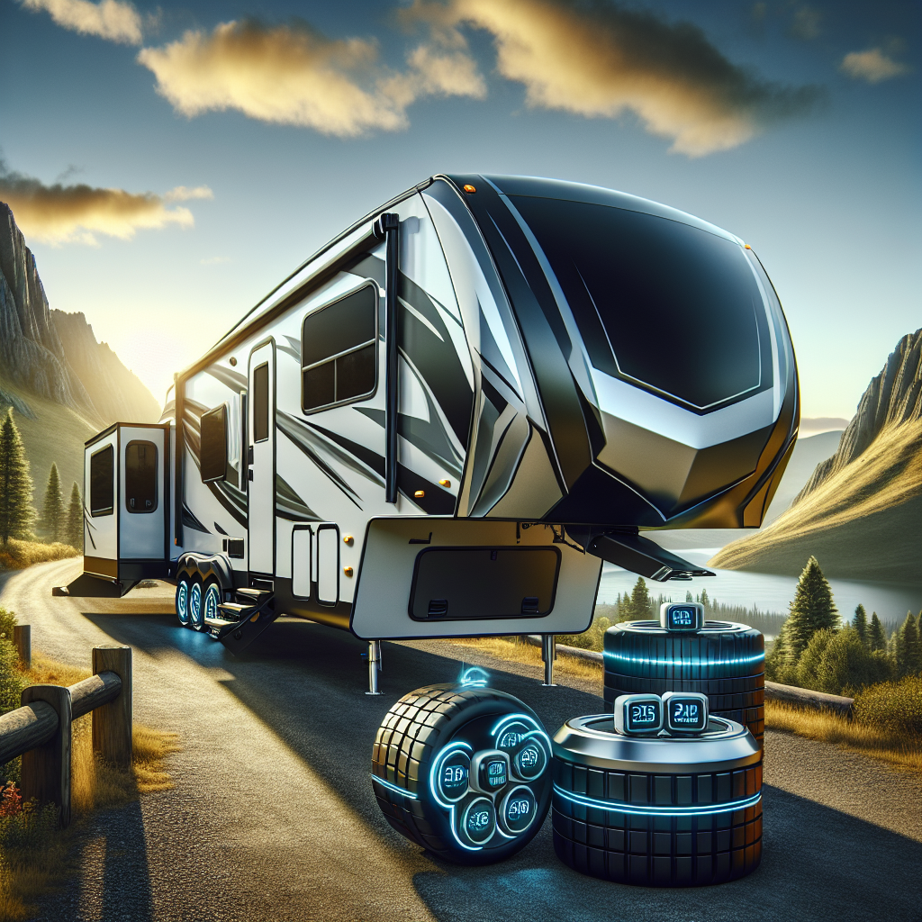 A 5th wheel trailer with a Tire Pressure Monitoring System parked in a scenic landscape during golden hour.