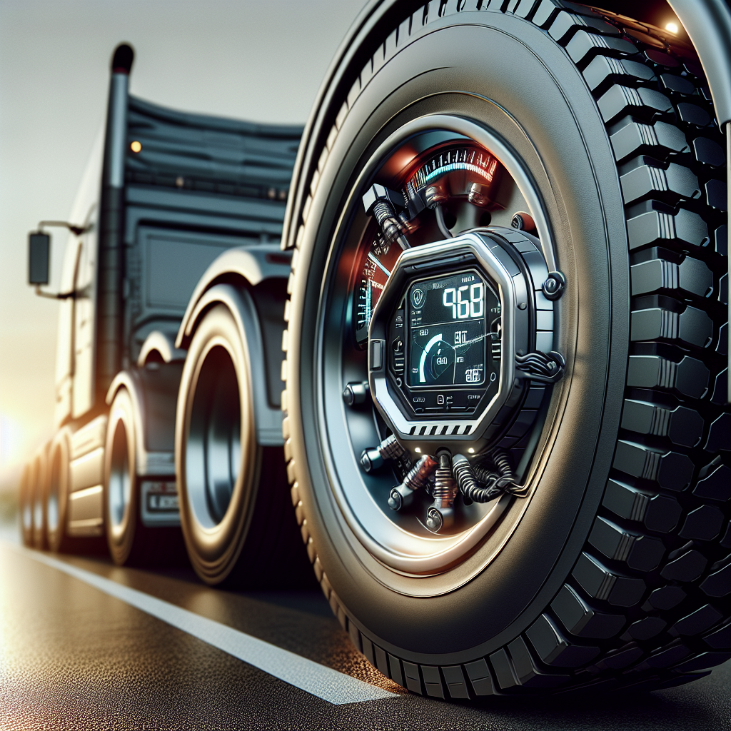 Tymate TPMS device on a trailer tire with a highway landscape in the background.