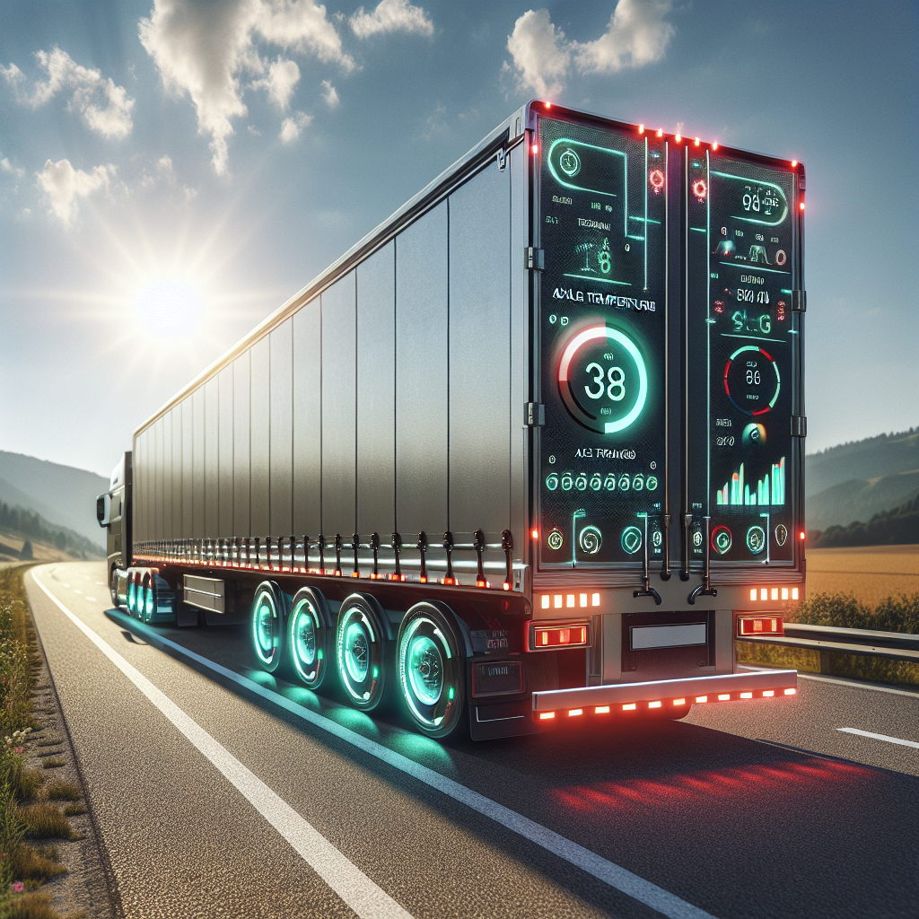 A trailer monitoring system with a digital display showing real-time data on axle temperature and tire conditions.