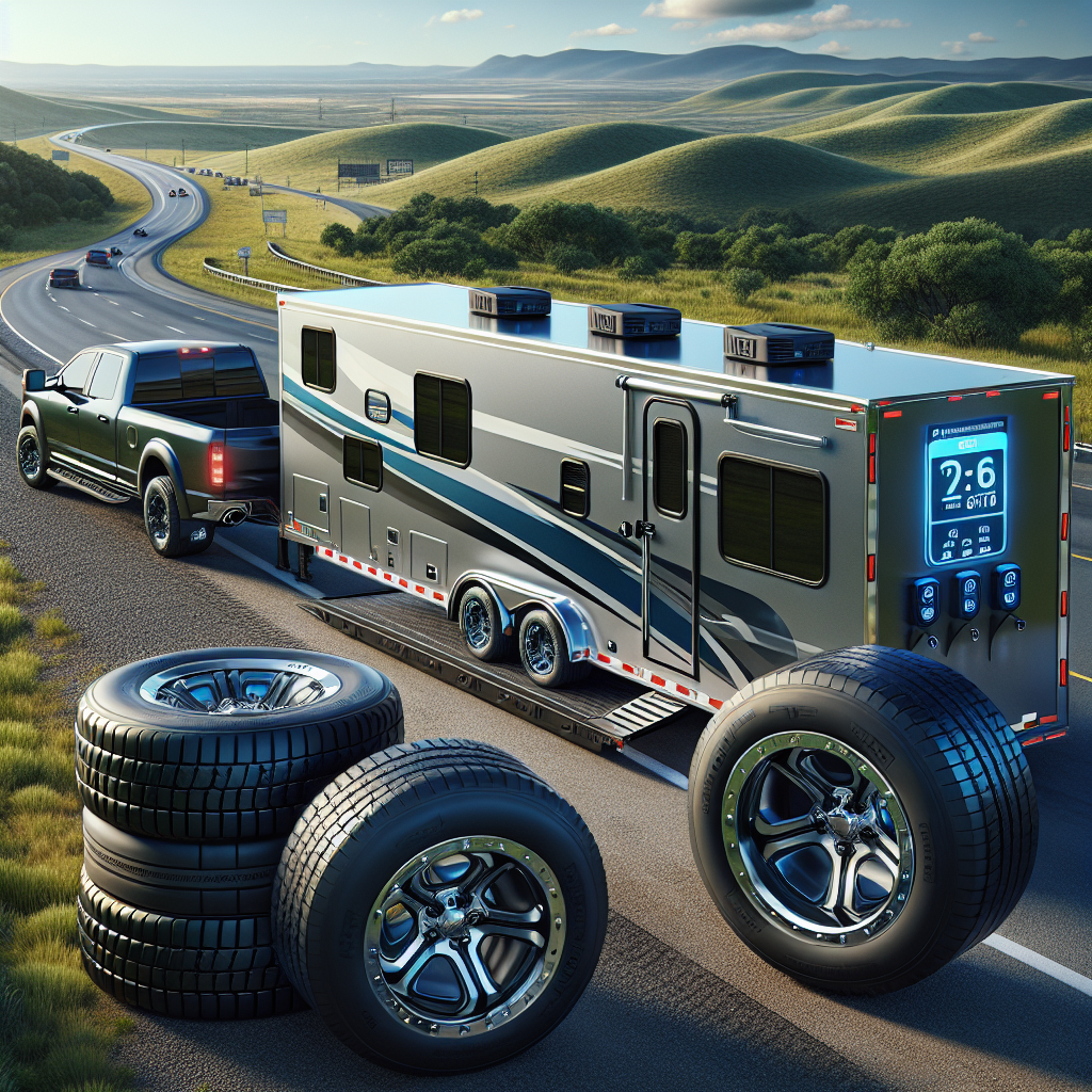 A 5th wheel trailer with a Tire Pressure Monitoring System on a highway.