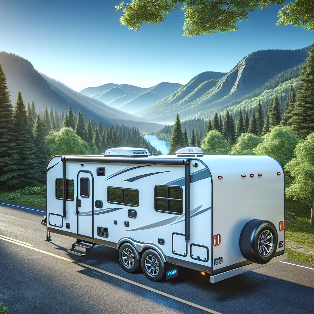 A white and blue RV trailer parked on a scenic road with green trees and mountains.