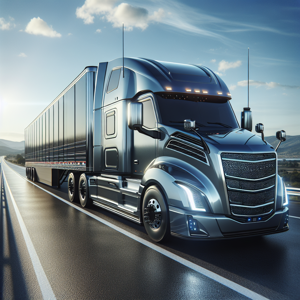 A semi trailer on a highway with visible TPMS sensors on its tires, set against a clear sky and mountains.