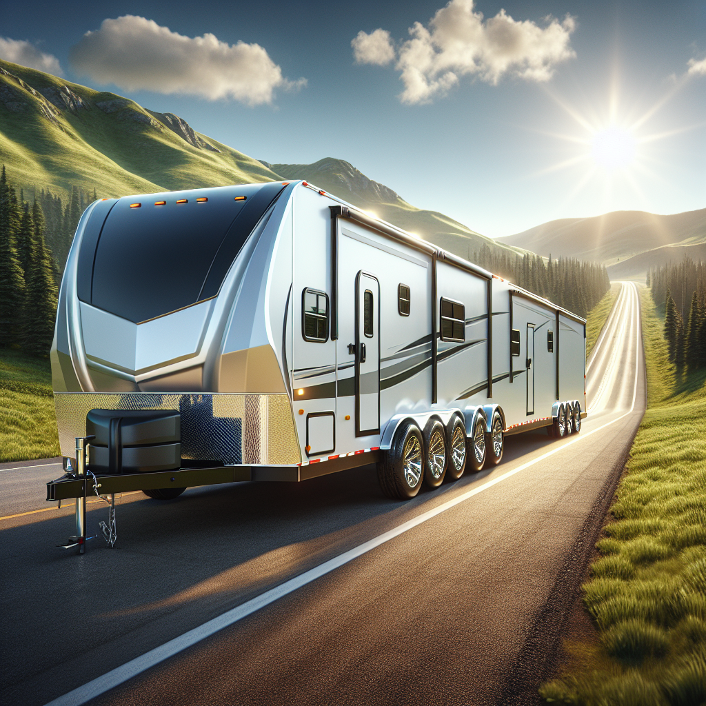 A 5th wheel trailer being towed on a scenic highway.