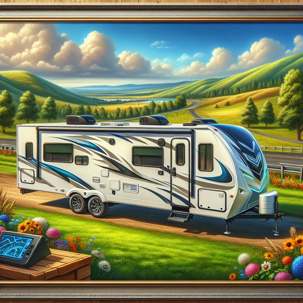 An RV trailer parked on a highway with a view of a Tire Pressure Monitoring System display inside.