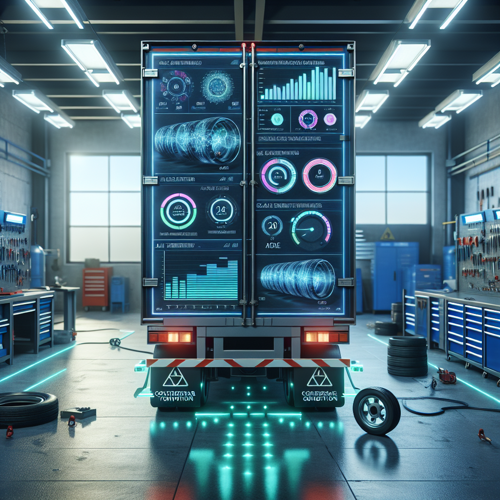 A modern trailer monitoring system displayed on a digital screen in a workshop.
