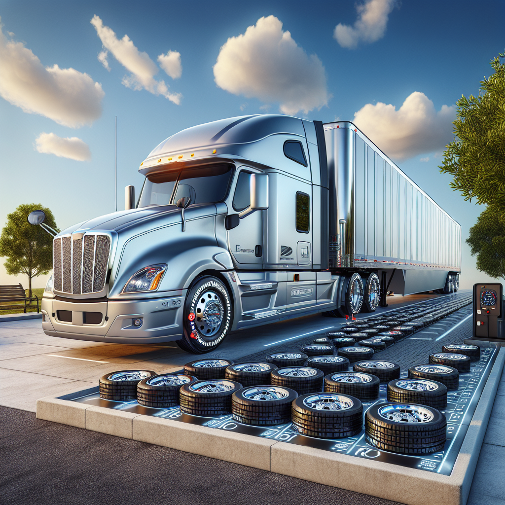 A semi trailer parked at a rest area with highlighted TPMS sensors on its wheels.