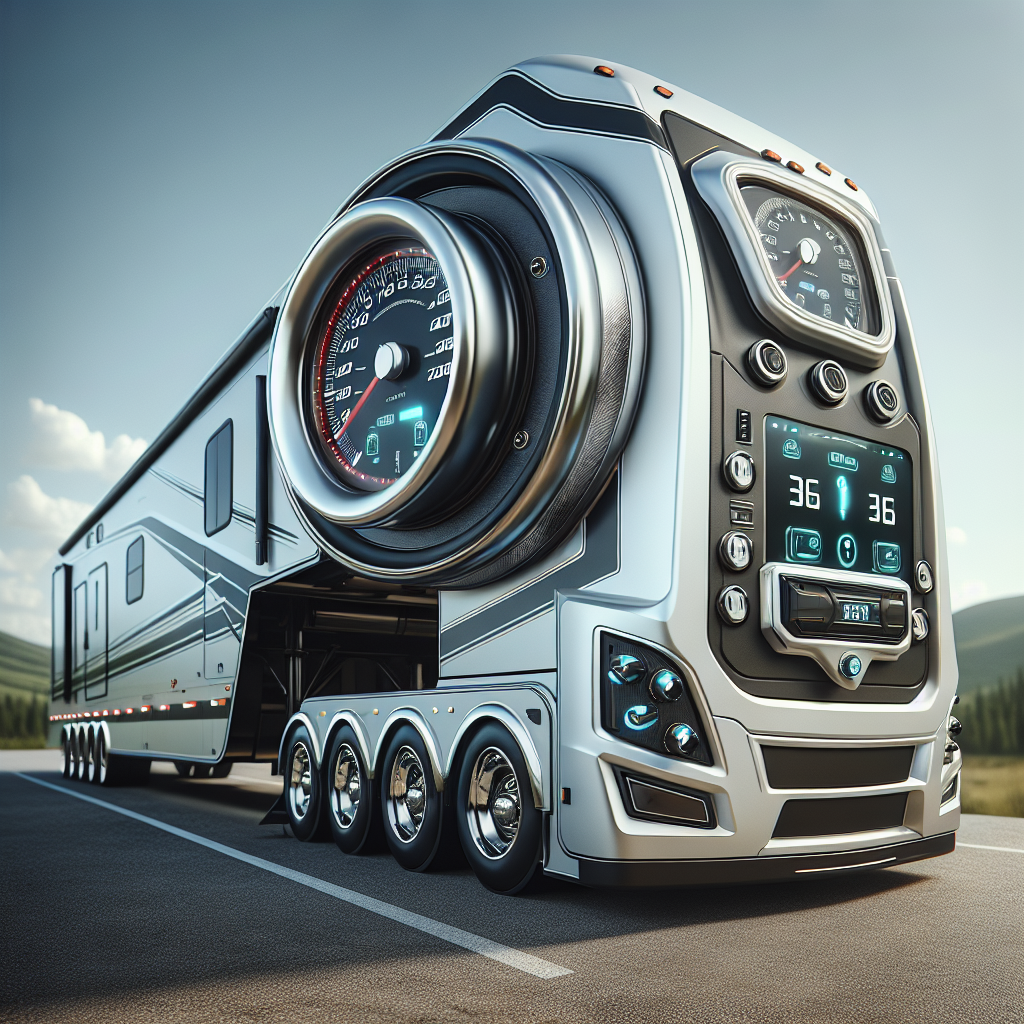 A 5th wheel trailer with a Tire Pressure Monitoring System installed, set against a sunny landscape.