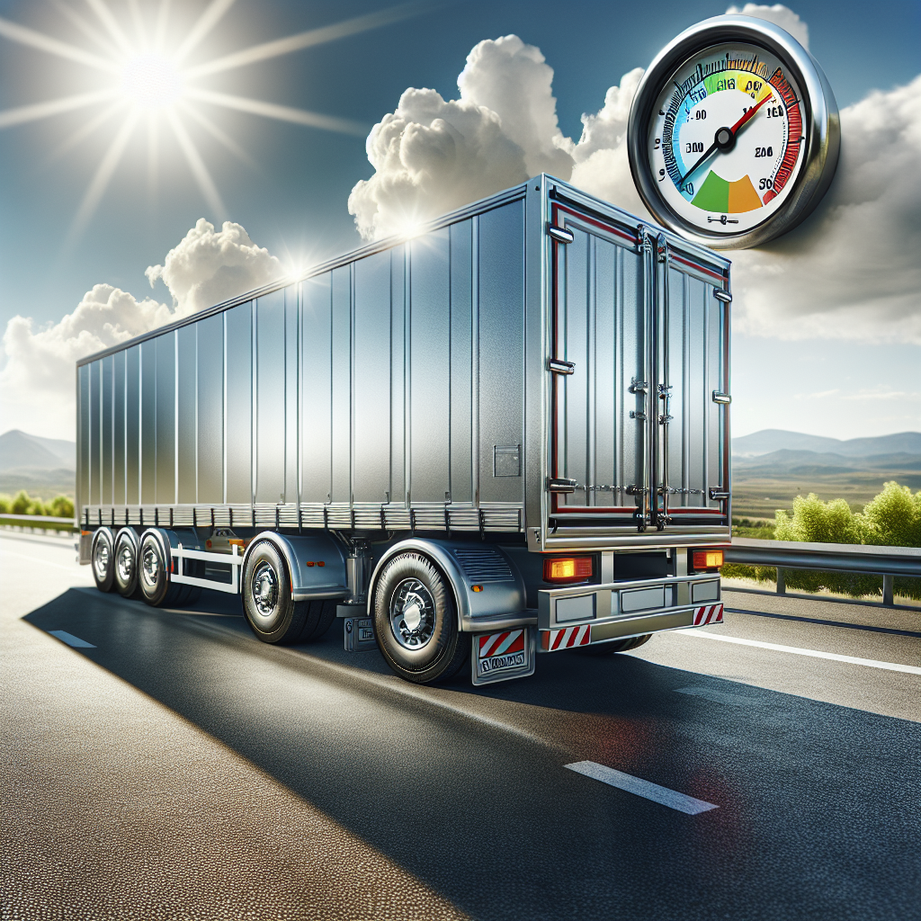 A trailer with a thermometer gauge on the axle, parked on a sunny highway.