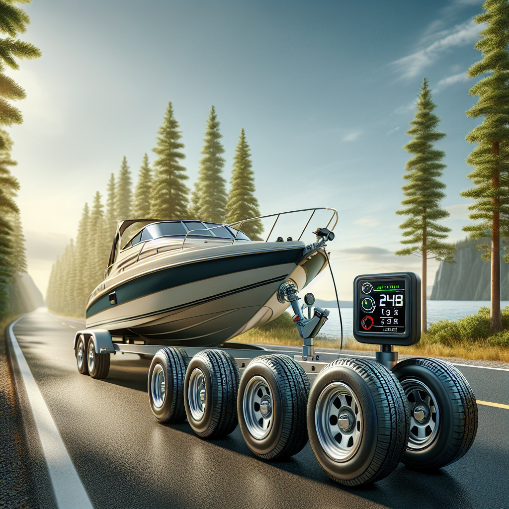 A boat trailer with a Tire Pressure Monitoring System (TPMS) on an open road.